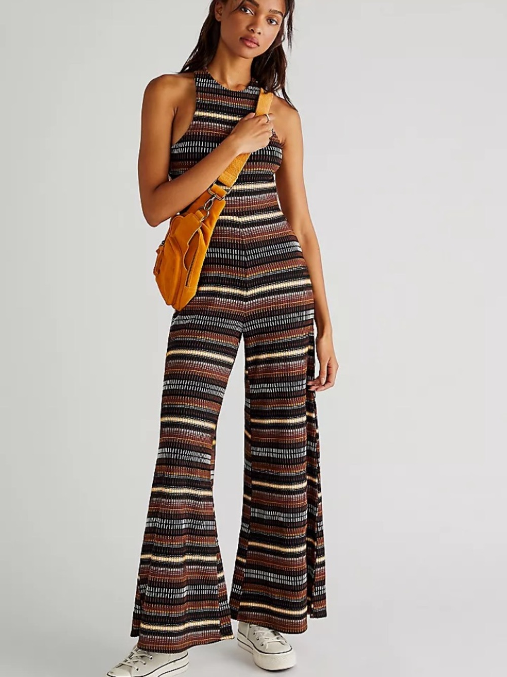 Free People Multicolor Striped Knit Wide-Leg Jumpsuit Cozy Fall 70s Stretch
